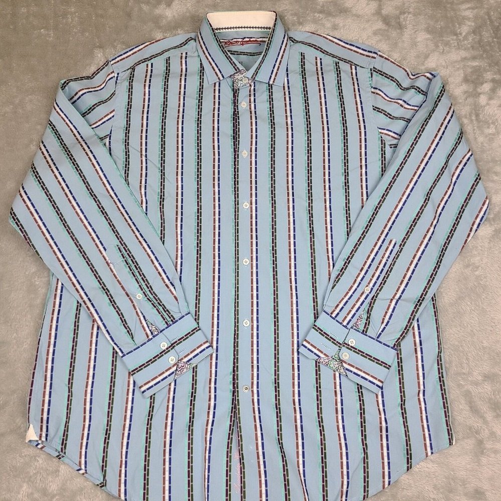 Robert‎ Graham Button Up Shirt Large/XL Blue Stripe Flip Cuff Size Mens